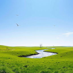 A serene landscape featuring a clear blue sky, lush green meadows, and a sparkling river flowing through the middle