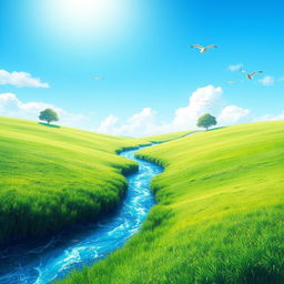 A serene landscape featuring a clear blue sky, lush green meadows, and a sparkling river flowing through the middle