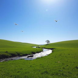 A serene landscape featuring a clear blue sky, lush green meadows, and a sparkling river flowing through the middle