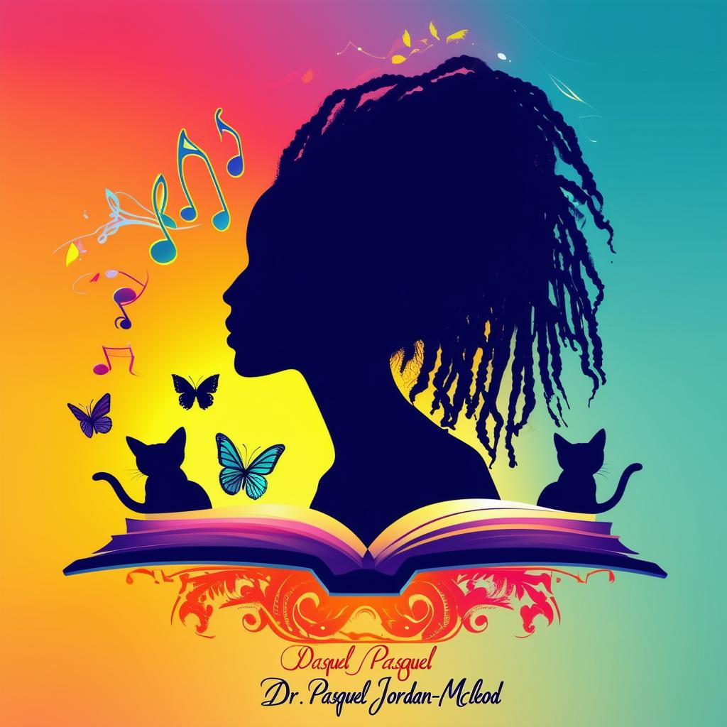 Design an elegant logo for a book featuring a silhouette of a woman with short dreadlocks, music notes, butterflies, two cat silhouettes, and an open book