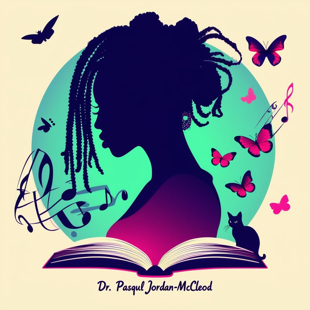 Create an elegant and vibrant logo for a book featuring a silhouette of a woman with short dreadlocks, music notes, butterflies, two cat silhouettes, and an open book