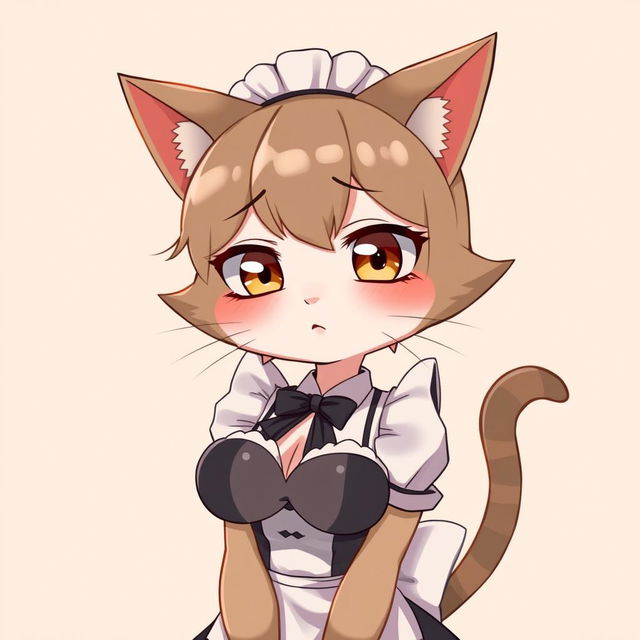 A flustered, cute, and seductive cat girl in anime style, dressed as a maid