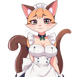 A flustered, cute, and seductive cat girl in anime style, dressed as a maid