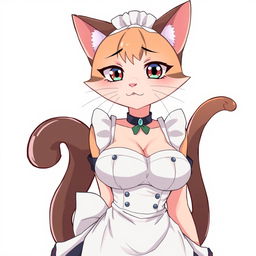 A flustered, cute, and seductive cat girl in anime style, dressed as a maid