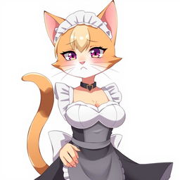 A flustered, cute, and seductive cat girl in anime style, dressed as a maid