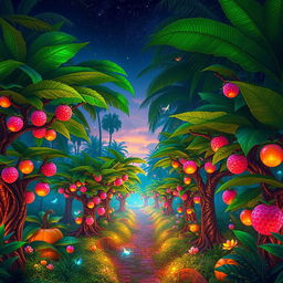 A stunning fantasy tropical orchard set in an enchanted jungle