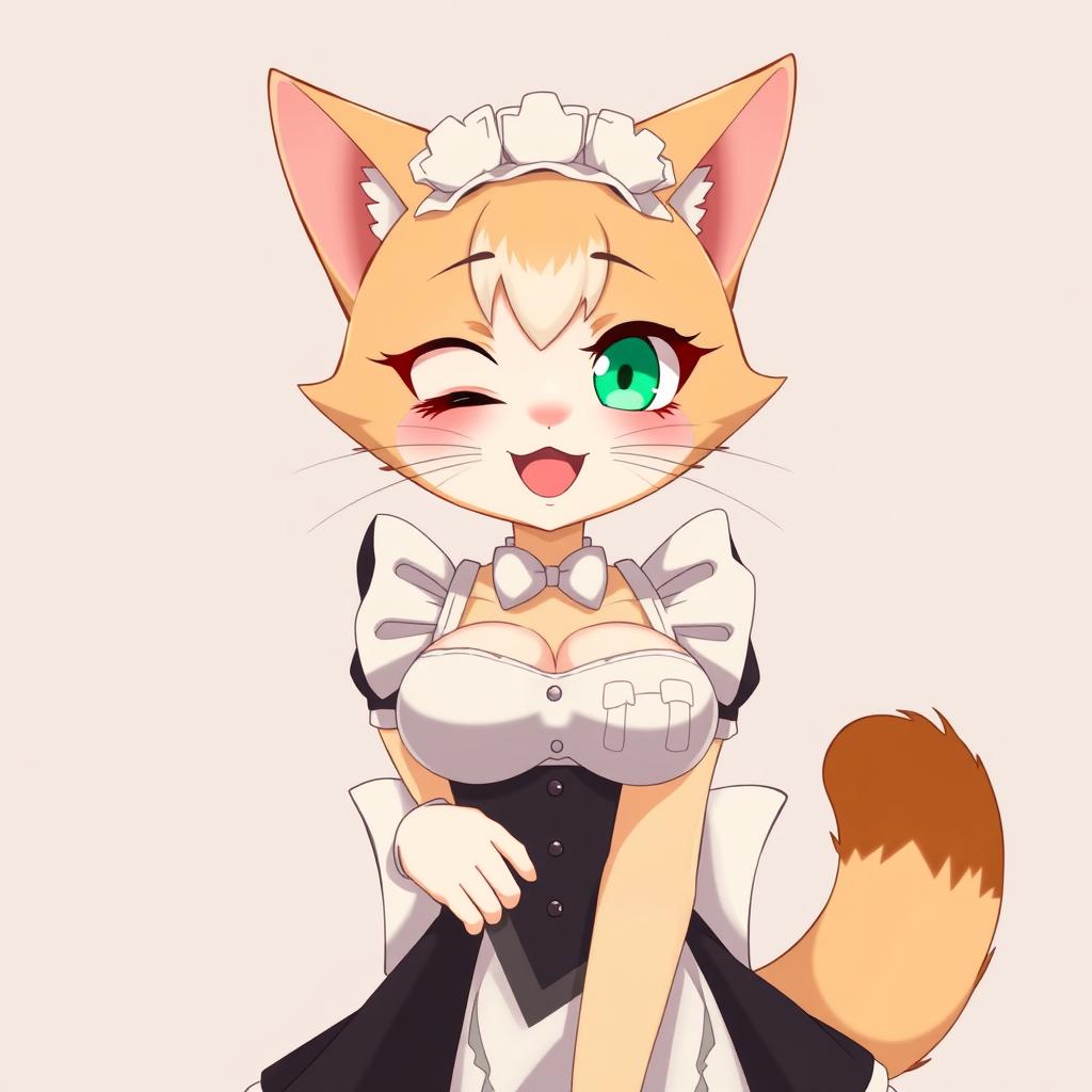 A flustered, cute, and seductive cat girl in anime style, dressed as a maid