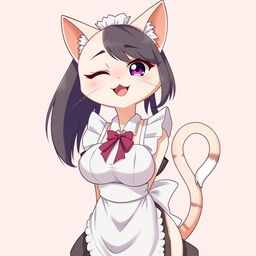 A flustered, cute, and seductive cat girl in anime style, dressed as a maid