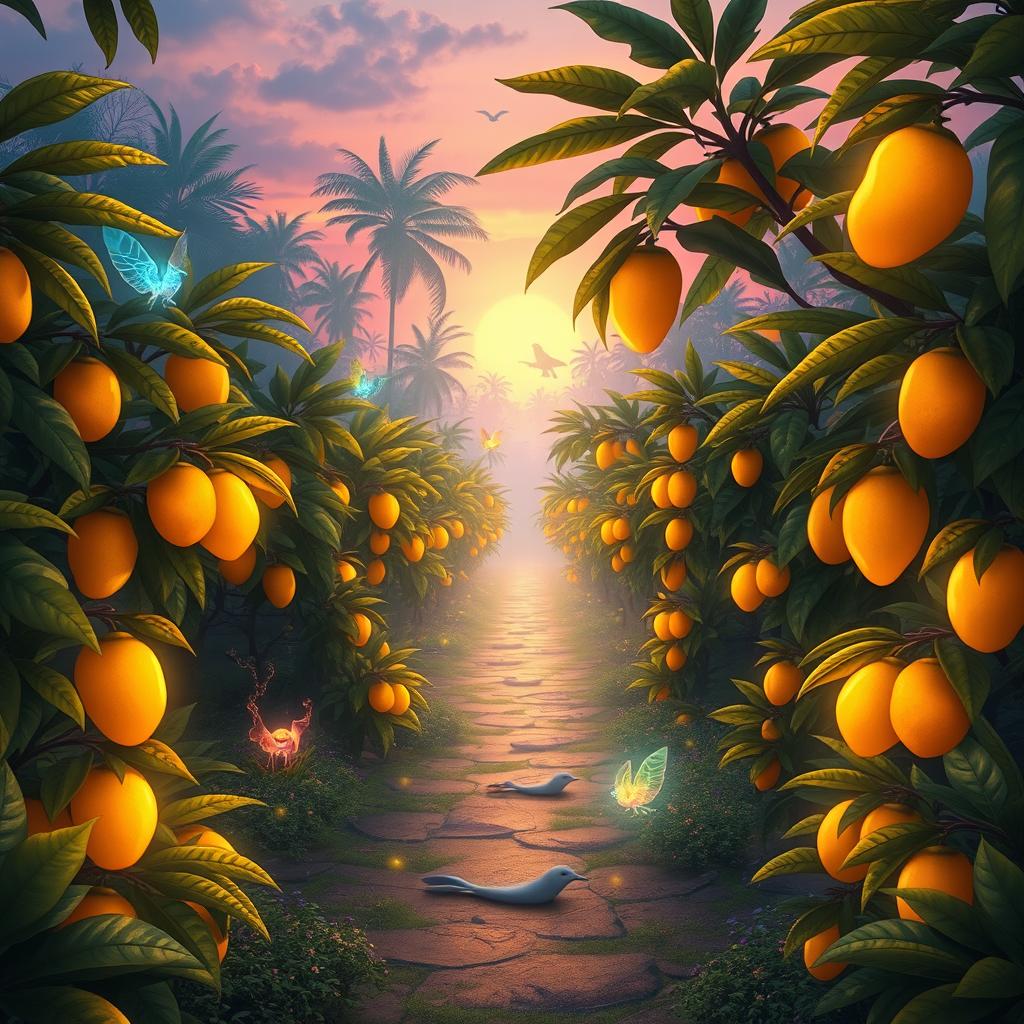 A stunning fantasy tropical orchard in an enchanted jungle, featuring golden mango fruit