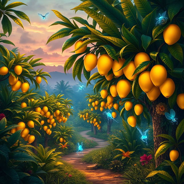 A stunning fantasy tropical orchard in an enchanted jungle, featuring golden mango fruit