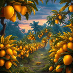 A stunning fantasy tropical orchard in an enchanted jungle, featuring golden mango fruit