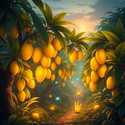 A stunning fantasy tropical orchard in an enchanted jungle, featuring golden mango fruit