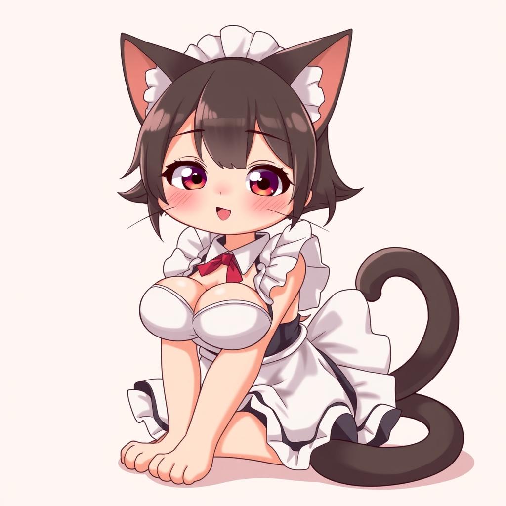 A flustered, cute, and seductive cat girl in anime style, dressed as a maid