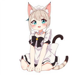 A flustered, cute, and seductive cat girl in anime style, dressed as a maid