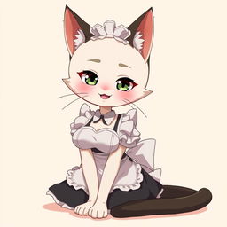 A flustered, cute, and seductive cat girl in anime style, dressed as a maid