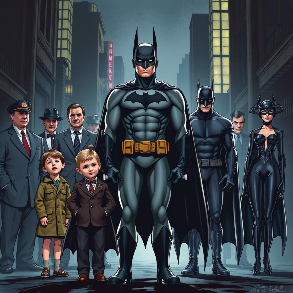 Bruce Wayne as Batman stands at the center with a young Dick Grayson and Alfred Pennyworth by his side