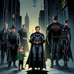 Bruce Wayne as Batman stands at the center with a young Dick Grayson and Alfred Pennyworth by his side