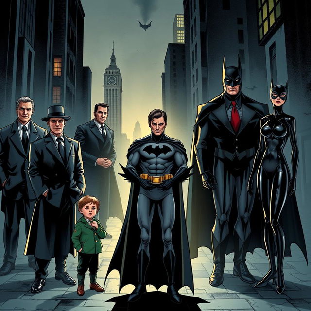 Bruce Wayne as Batman stands at the center with a young Dick Grayson and Alfred Pennyworth by his side