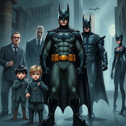 Bruce Wayne as Batman stands at the center with a young Dick Grayson and Alfred Pennyworth by his side