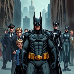 Bruce Wayne as Batman stands at the center with a young Dick Grayson and Alfred Pennyworth by his side