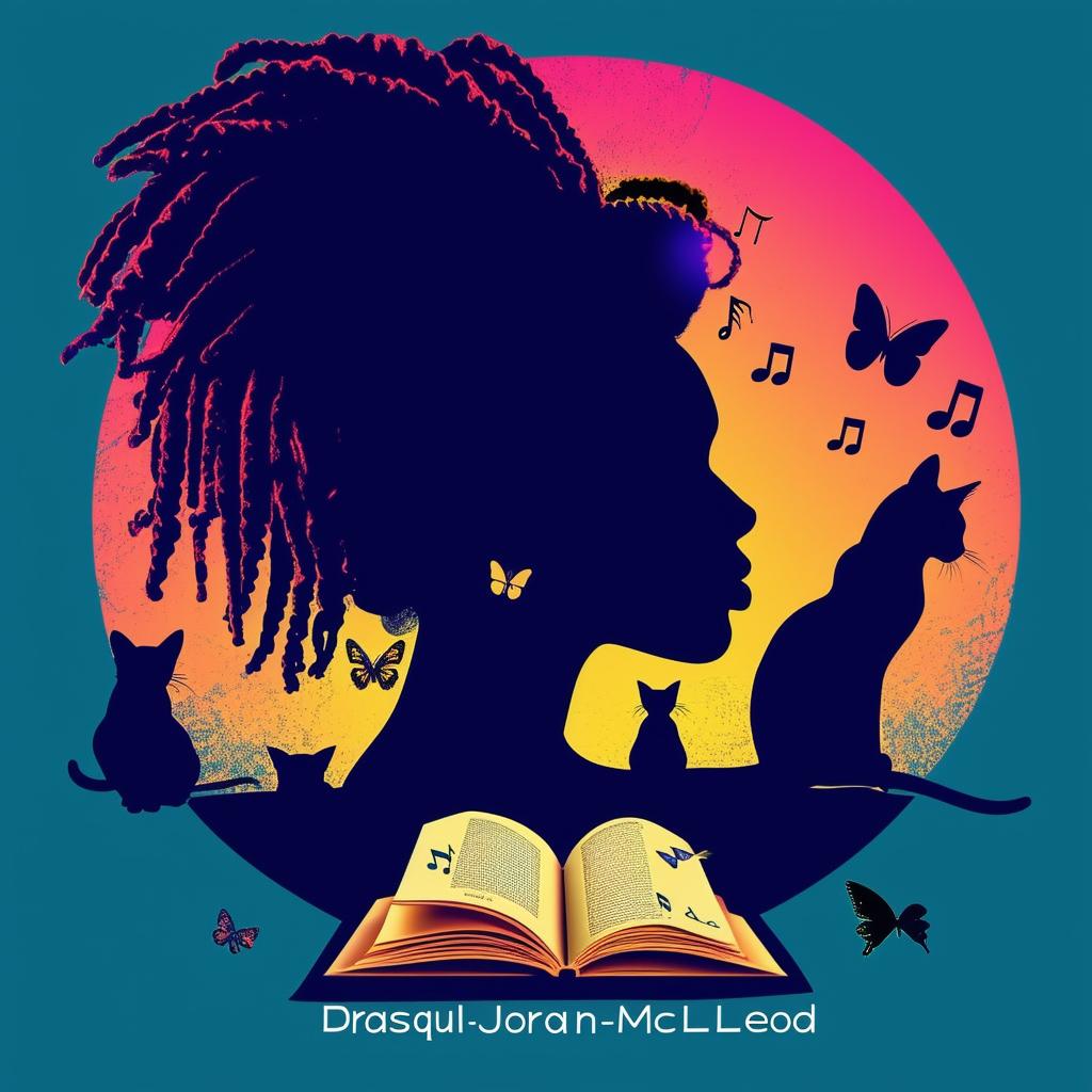 Create an elegant and vibrant logo for a book featuring a silhouette of a woman with short dreadlocks, music notes, butterflies, two cat silhouettes, and a book