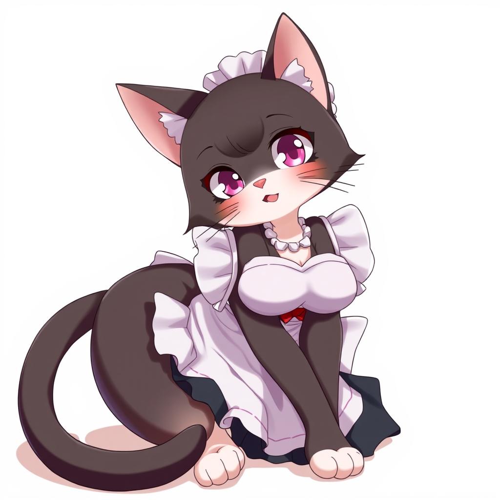 A flustered, cute, and seductive cat girl in anime style, dressed as a maid