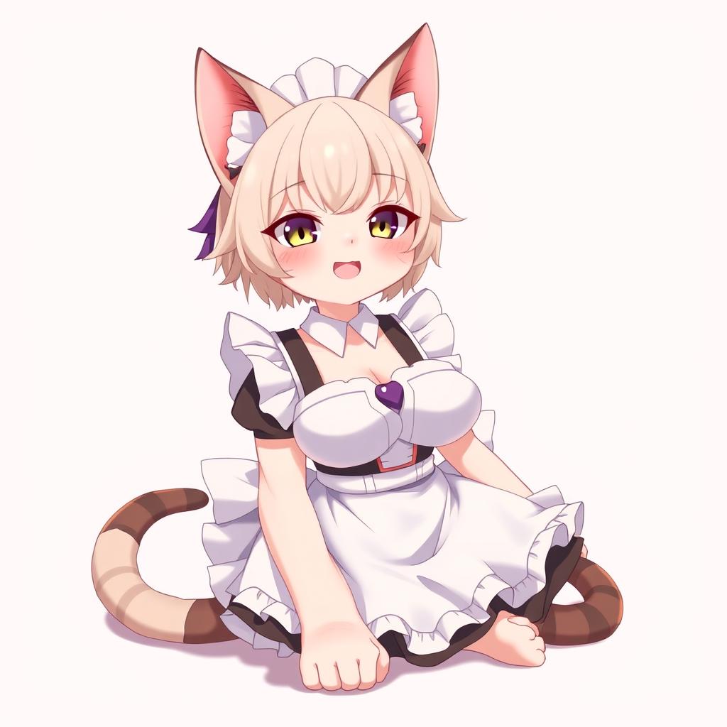 A flustered, cute, and seductive cat girl in anime style, dressed as a maid