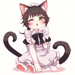 A flustered, cute, and seductive cat girl in anime style, dressed as a maid