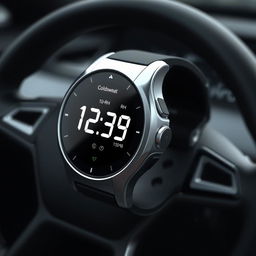 Design a watch inspired by the latest cockpit feel of a Tesla's latest model, using black and silver colors