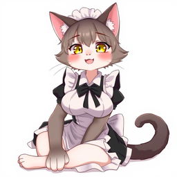 An adult, flustered, cute, and seductive cat girl in anime style, dressed as a maid