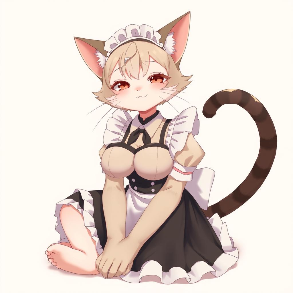 An adult, flustered, cute, and seductive cat girl in anime style, dressed as a maid