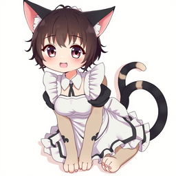 An adult, flustered, cute, and seductive cat girl in anime style, dressed as a maid