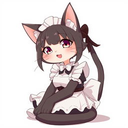 An adult, flustered, cute, and seductive cat girl in anime style, dressed as a maid