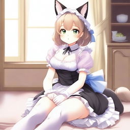 An adult, flustered, cute, and seductive cat girl in anime style, dressed as a maid