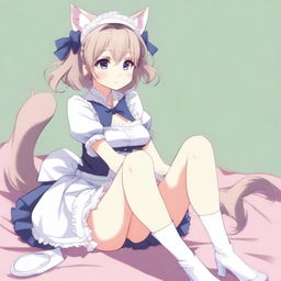 An adult, flustered, cute, and seductive cat girl in anime style, dressed as a maid