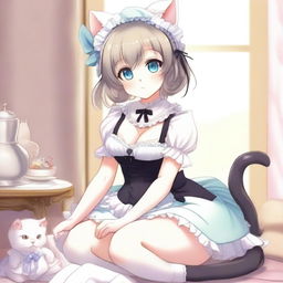 An adult, flustered, cute, and seductive cat girl in anime style, dressed as a maid