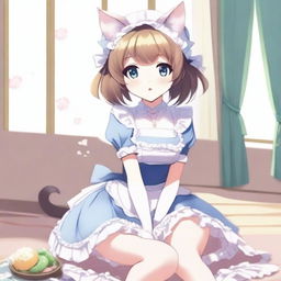 An adult, flustered, cute, and seductive cat girl in anime style, dressed as a maid