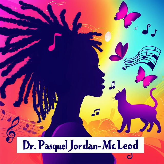 Create an elegant and vibrant logo for a book featuring a silhouette of a woman with short dreadlocks, music notes, butterflies, two cat silhouettes, and a book