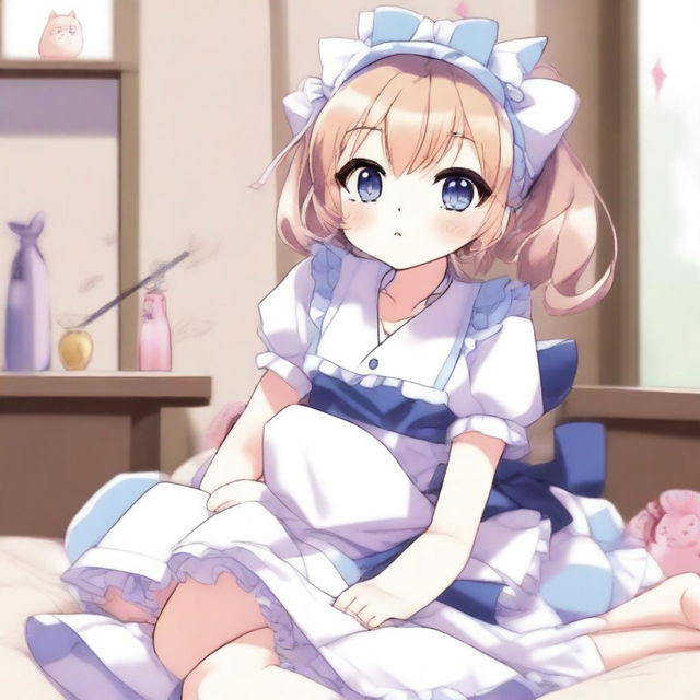 An adult, flustered, cute, and seductive cat girl in anime style, dressed as a maid