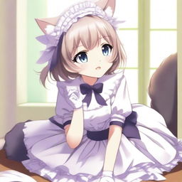 An adult, flustered, cute, and seductive cat girl in anime style, dressed as a maid