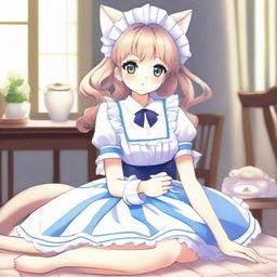 An adult, flustered, cute, and seductive cat girl in anime style, dressed as a maid