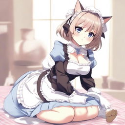 An adult, flustered, cute, and seductive cat girl in anime style, dressed as a maid