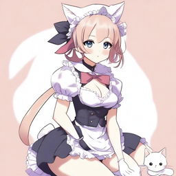 An adult, flustered, cute, and seductive cat girl in anime style, dressed as a maid