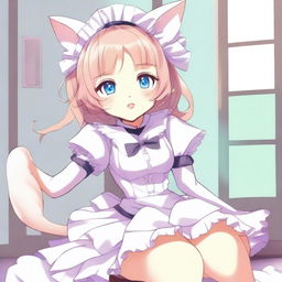 An adult, flustered, cute, and seductive cat girl in anime style, dressed as a maid