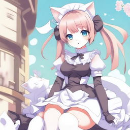 An adult, flustered, cute, and seductive cat girl in anime style, dressed as a maid