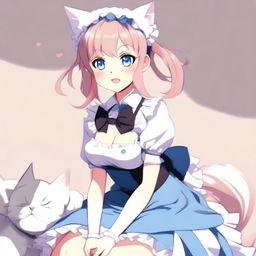 An adult, flustered, cute, and seductive cat girl in anime style, dressed as a maid