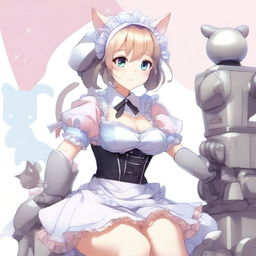 An adult, flustered, cute, and seductive cat girl in anime style, dressed as a maid