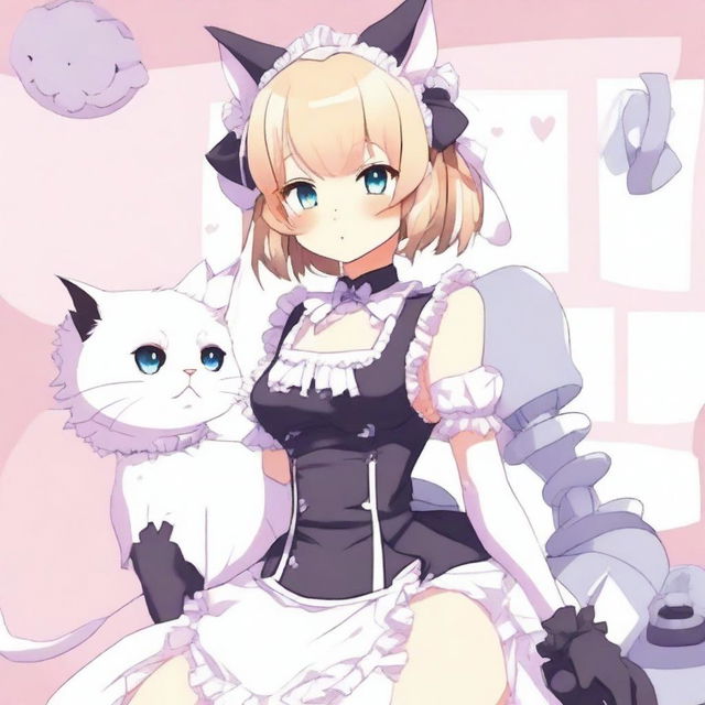 An adult, flustered, cute, and seductive cat girl in anime style, dressed as a maid