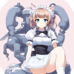 An adult, flustered, cute, and seductive cat girl in anime style, dressed as a maid