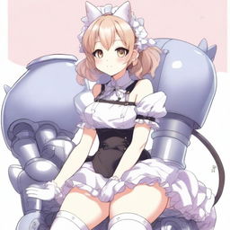 An adult, flustered, cute, and seductive cat girl in anime style, dressed as a maid